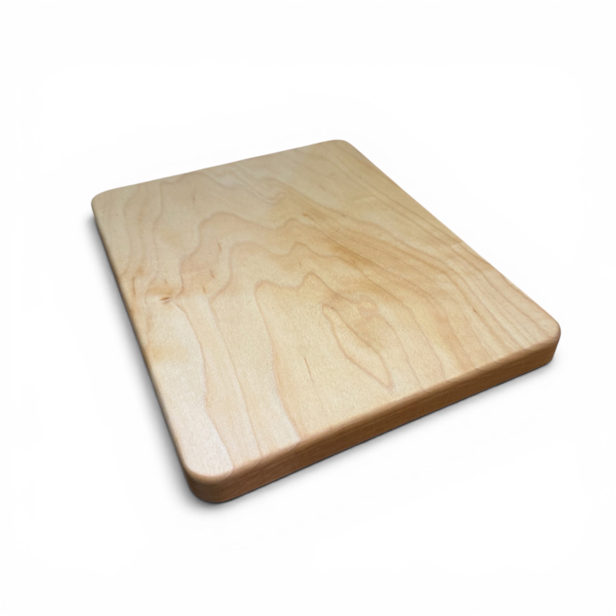 A 9x7 Maple cutting board with rounded corners and a natural light wood grain finish, shown on a plain white background.