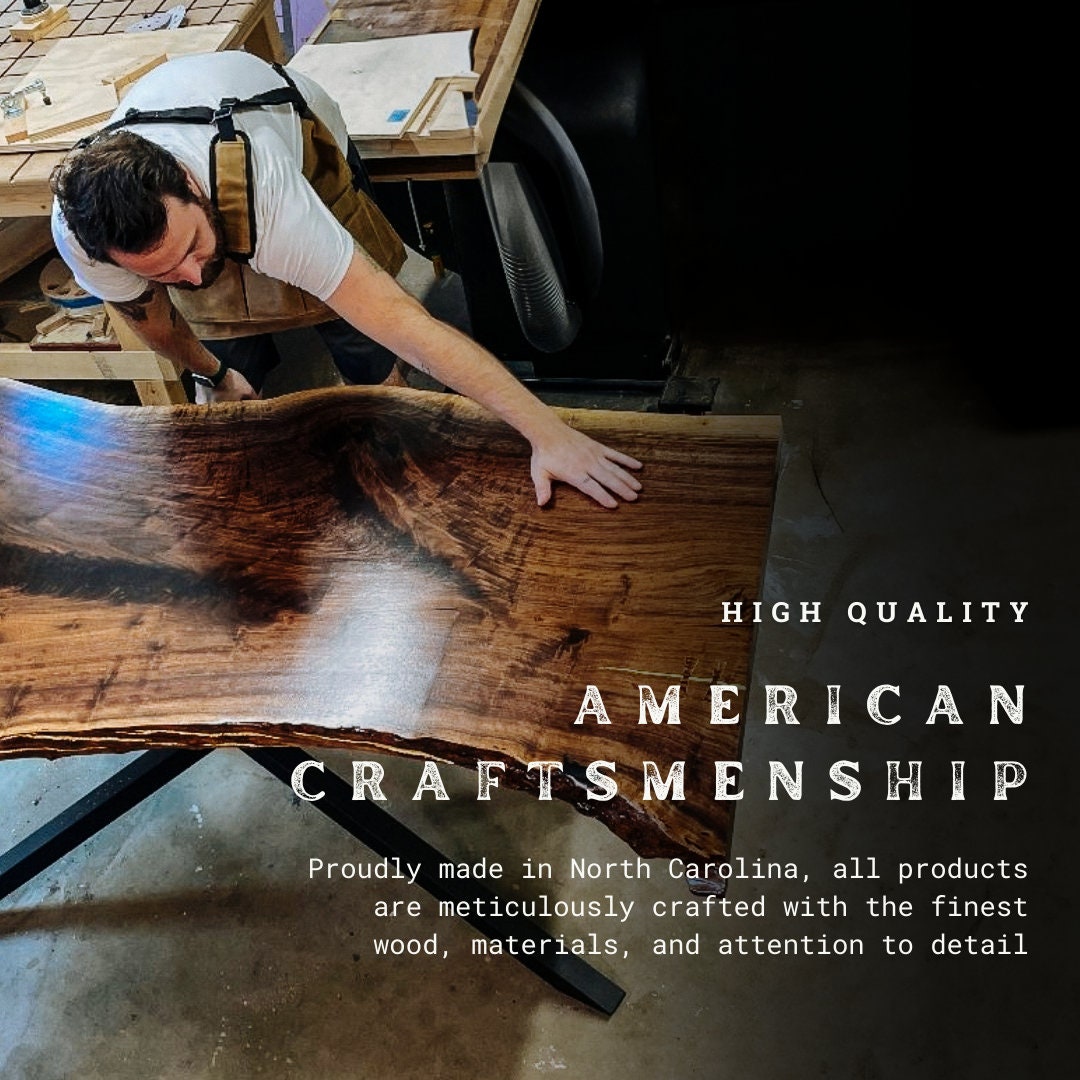 Person inspecting a wooden table with text about high-quality American craftsmanship.