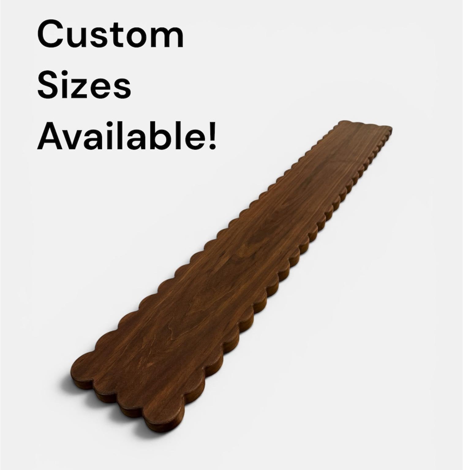 Wooden shelf with scalloped edge on a white background, text 'Custom Sizes Available!' displayed.