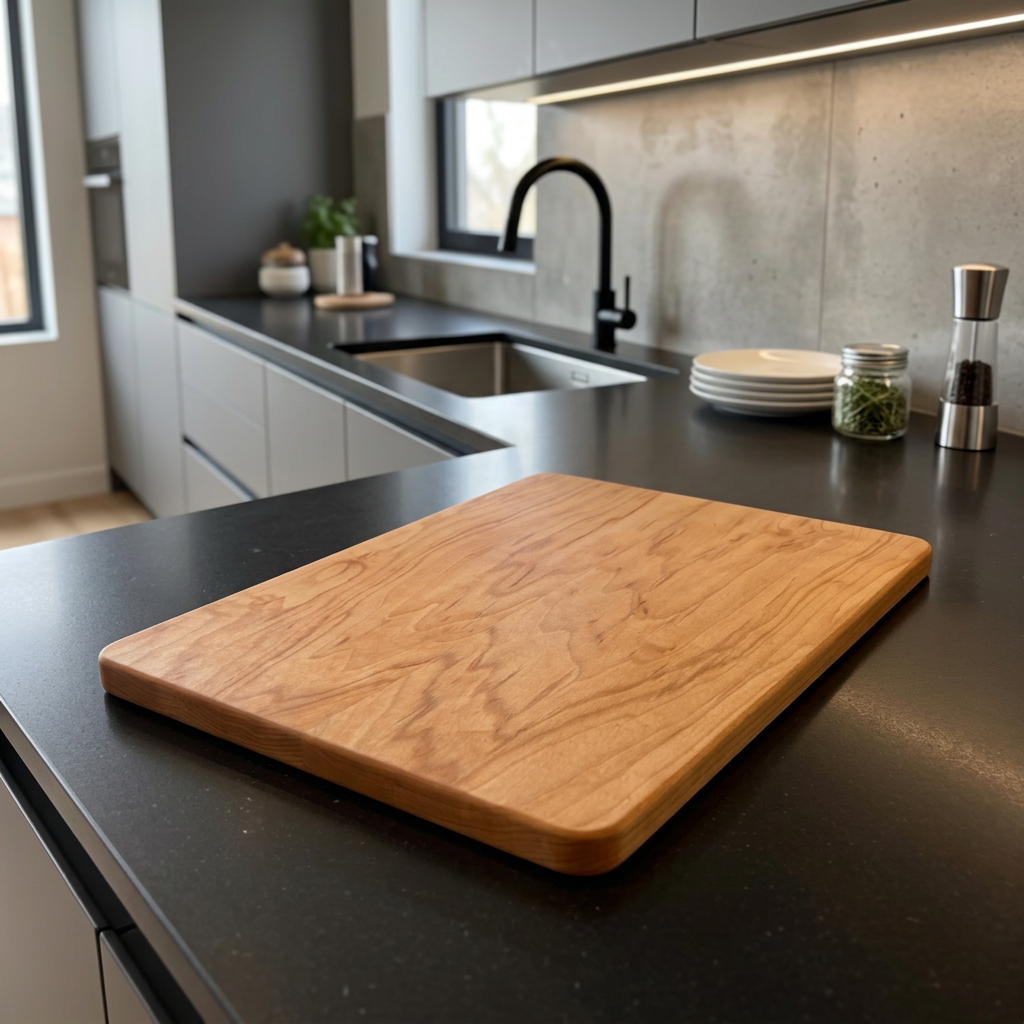 A rectangular maple cutting board with rounded corners and a visible wood grain pattern, resting on a dark countertop in a modern kitchen setting.