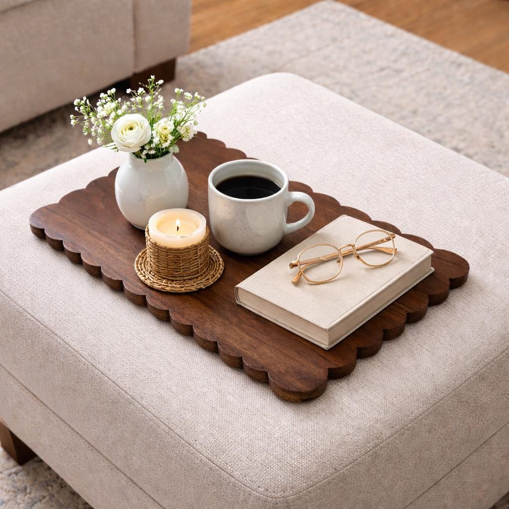Wooden tray with a cup of coffee, candle, and book on a beige ottoman.