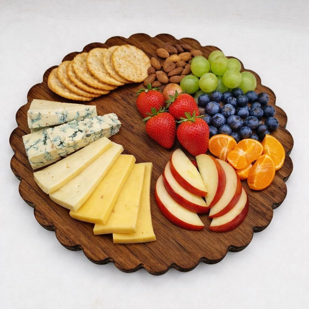 Wooden board with assorted cheeses, fruits, and crackers on a white background