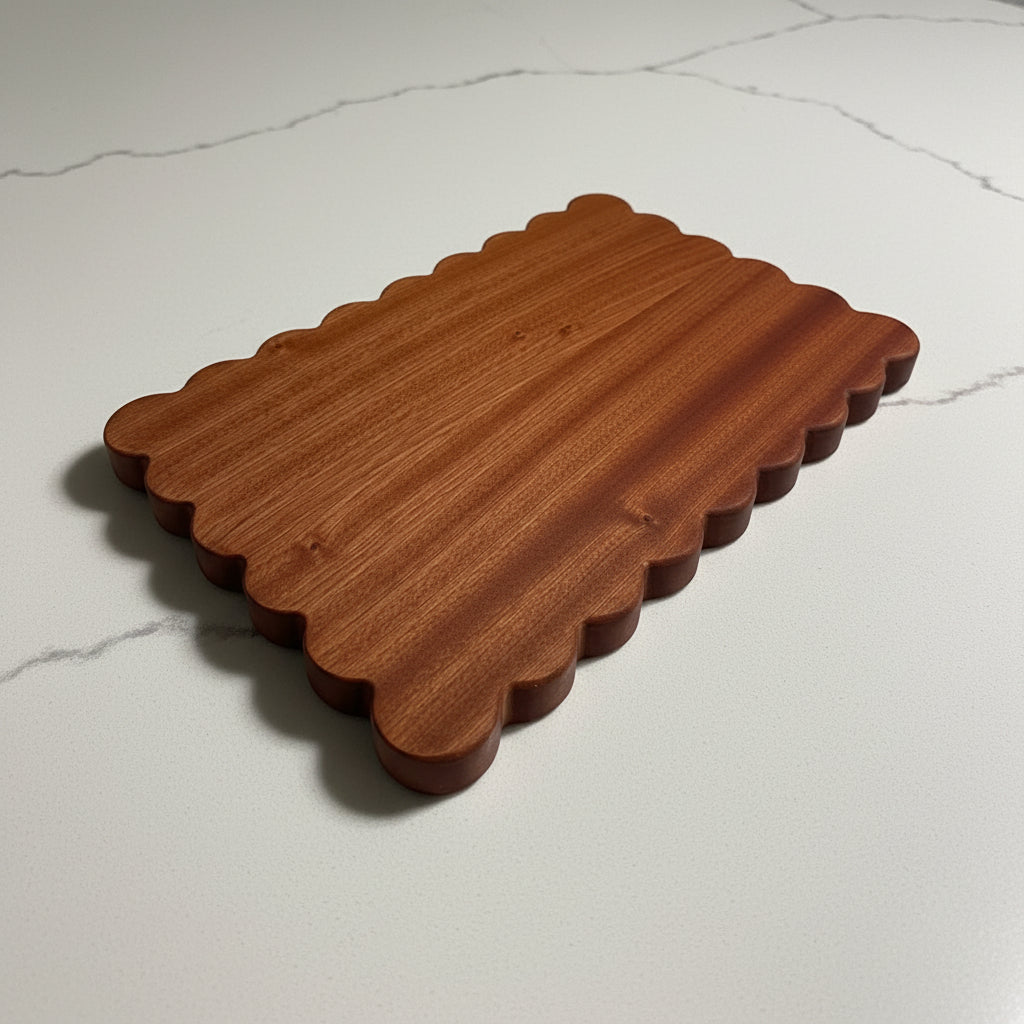 Wooden cutting board with scalloped edge on a beige surface