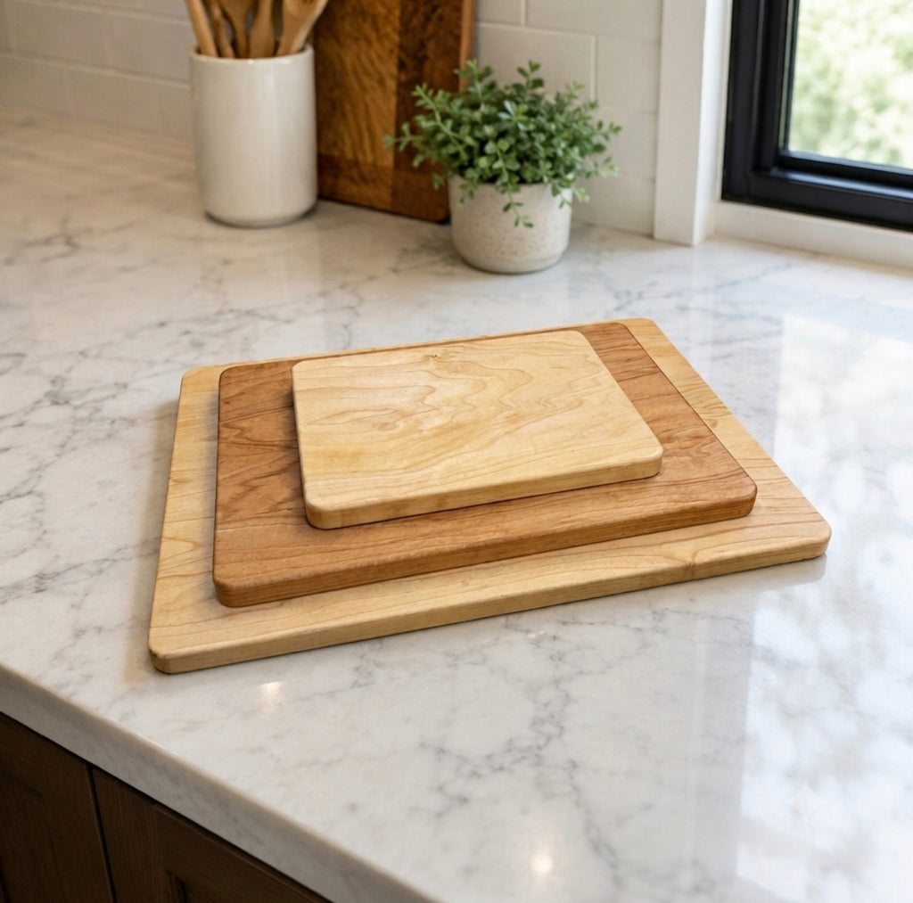 Three nested Maple cutting boards in different wood tones resting on a white marble kitchen countertop near a window.